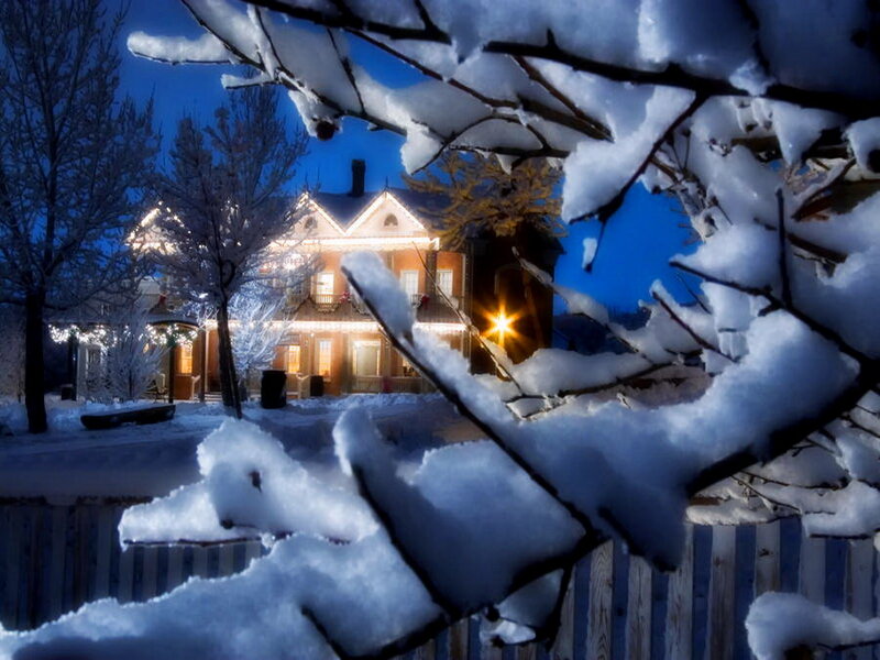 Snow-covered House at Night — Blue, Serene, Photograph, Snow