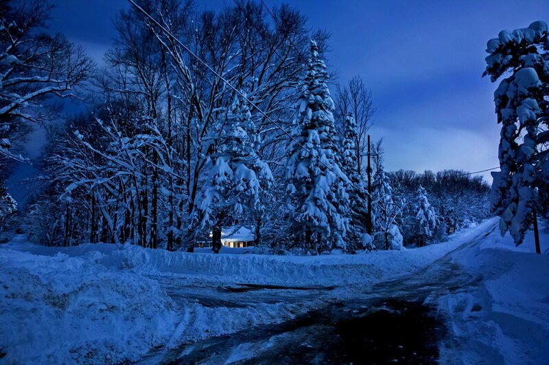 Snow-covered House at Night — Blue, Serene, Photograph, Trees, Road