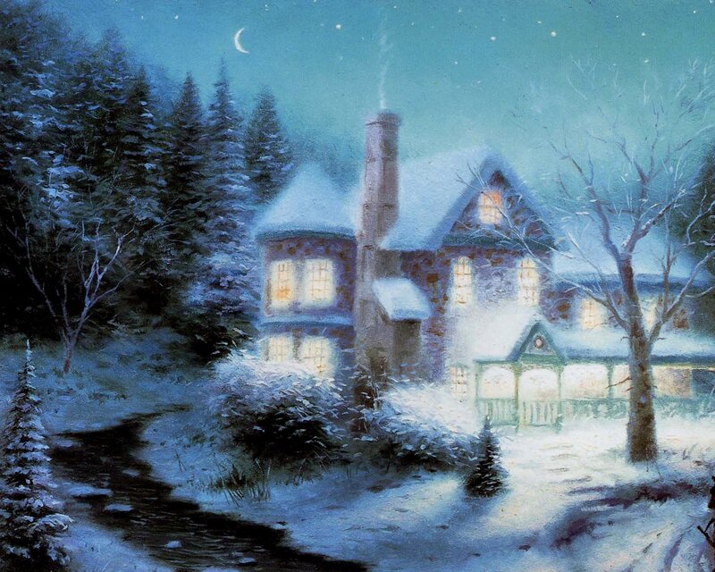 Snow-covered House at Night — Blue, Serene