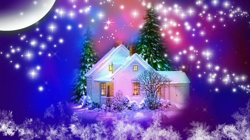 Snow-covered House at Night — Purple, Magical