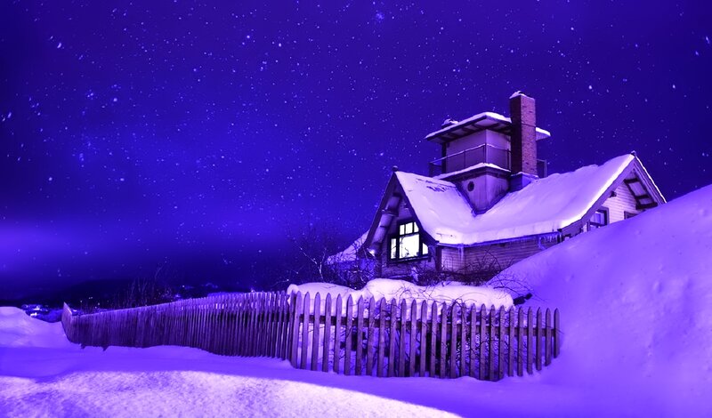 Snow-covered House at Night — Purple, Serene