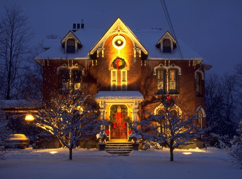 Snow-covered House at Night — Red, Festive