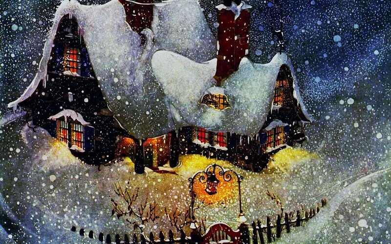 Snow-covered House at Night — White, Cozy, Illustration