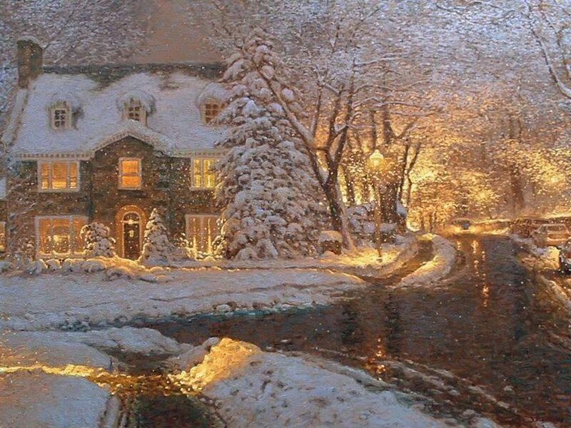 Snow-covered House at Night — White, Cozy, Painting, Snow