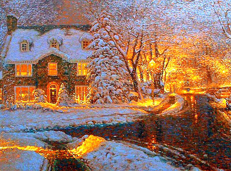 Snow-covered House at Night — White, Cozy, Painting, Snow, Trees