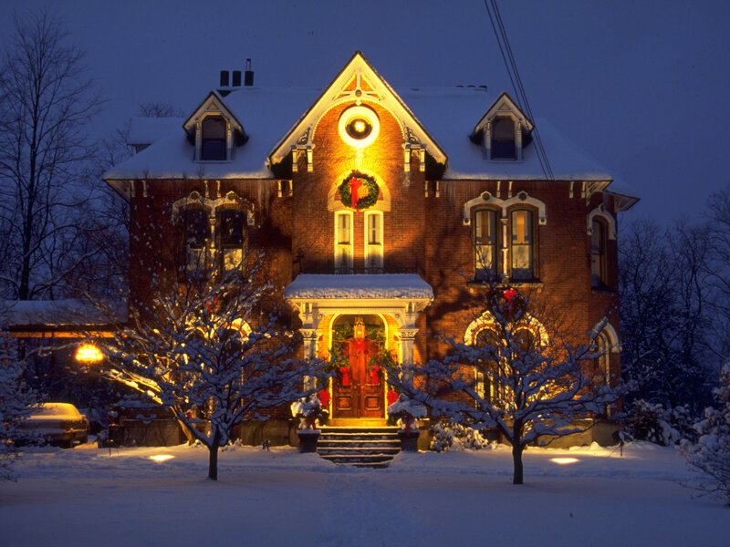 Snow-covered House at Night — White, Festive, Photograph, Wreath