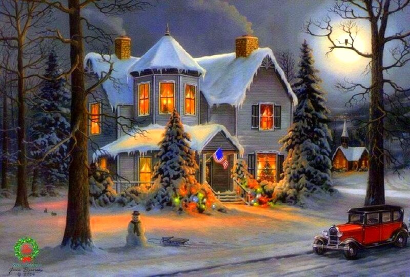 Snow-covered House at Night — White, Peaceful, Painting, Car