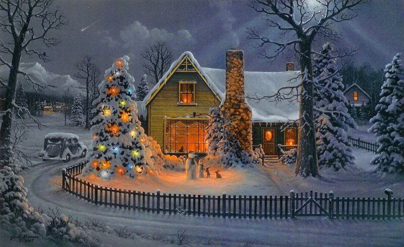 Snow-covered House at Night — White, Peaceful, Painting, Christmas Tree, Snowman, Car