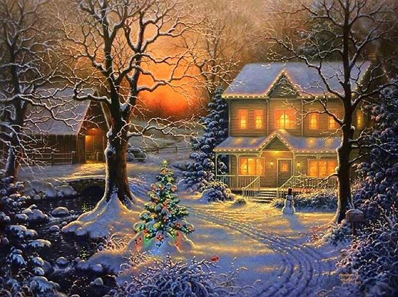 Snow-covered House at Night — White, Peaceful, Painting, Christmas Tree, Snowman, River