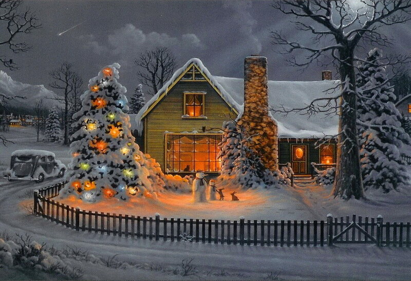 Snow-covered House at Night — White, Peaceful, Painting, Christmas Tree