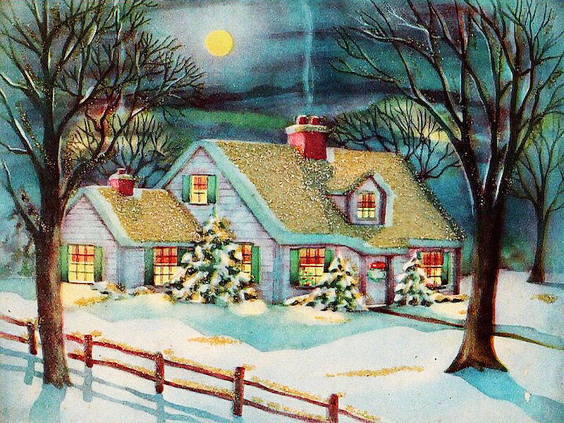 Snow-covered House at Night — White, Serene, Illustration
