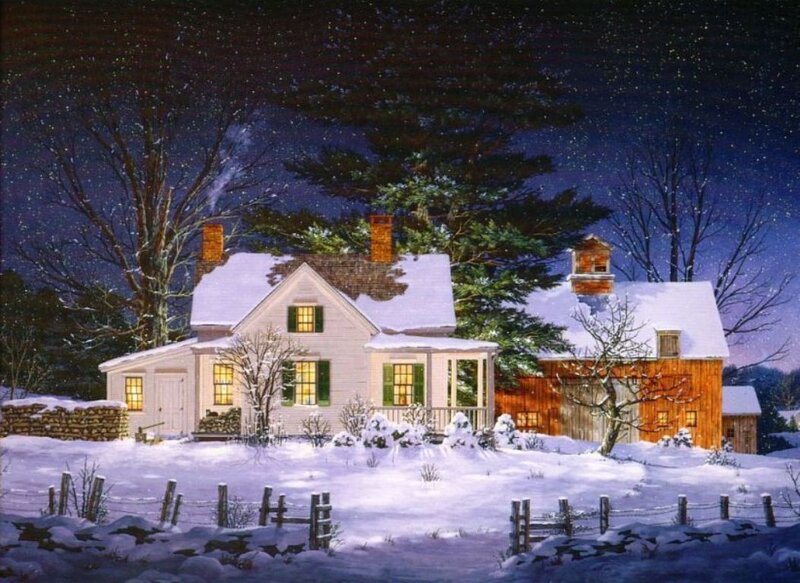 Snow-covered House at Night — White, Serene, Painting, Trees, Fence