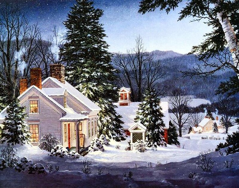 Snow-covered House at Night — White, Serene, Painting, Trees, Mountains, Chimney