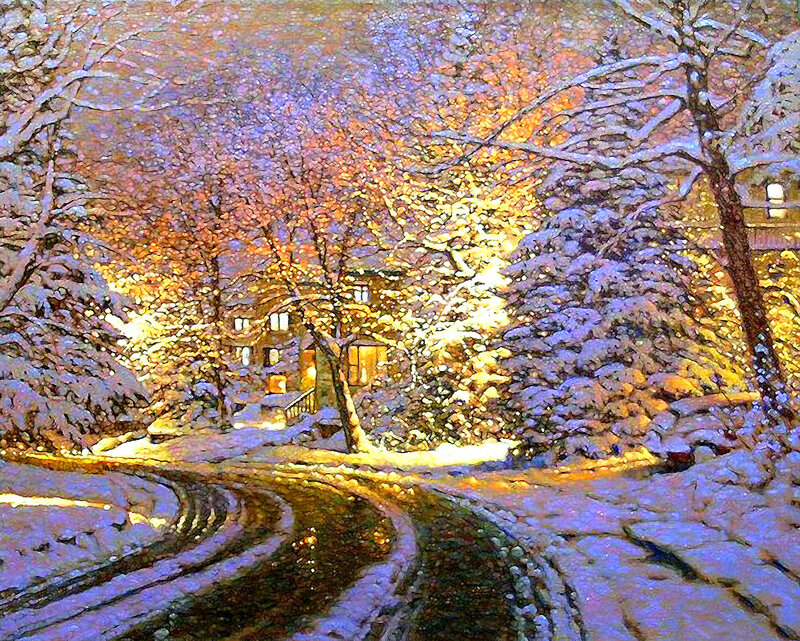 Snow-covered House at Night — White, Serene, Painting, Trees, Road