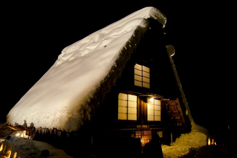 Snow-covered House at Night — White, Serene, Photograph, Snow