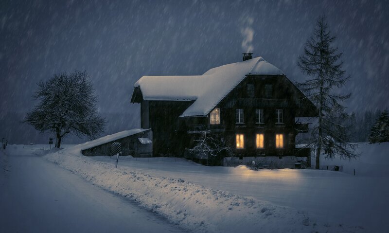 Snow-covered House at Night — White, Serene, Photograph, Snow, Trees