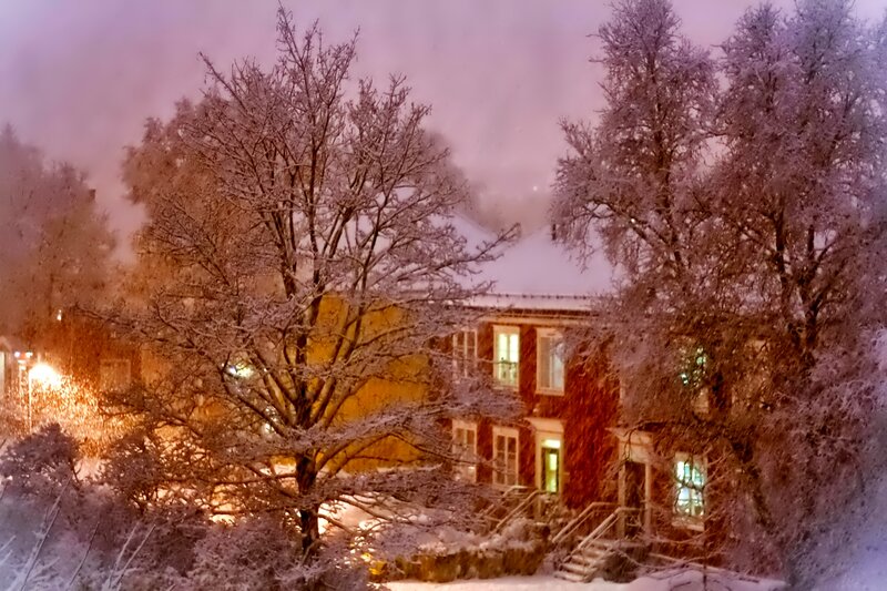 Snow-covered House at Night — White, Serene, Photograph, Trees, Building
