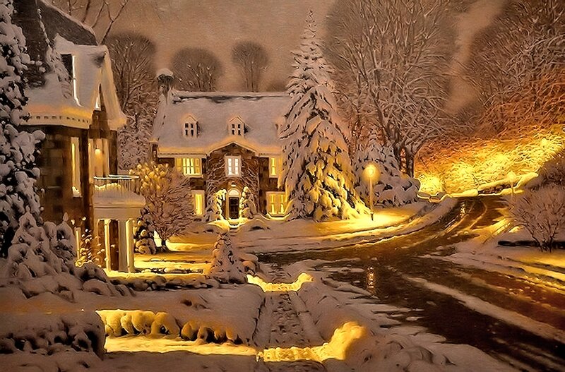 Snow-covered House at Night — Yellow