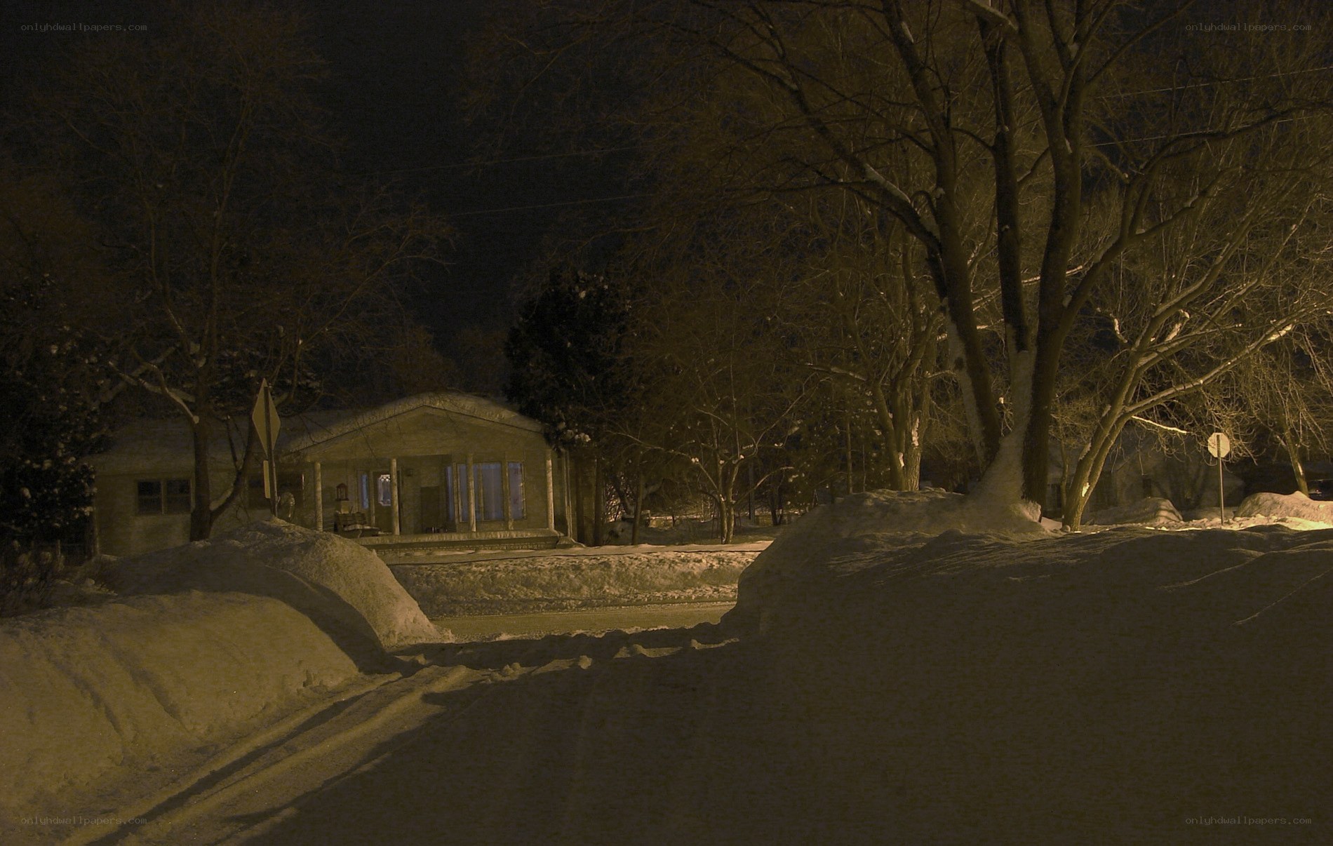 snow-covered house at night