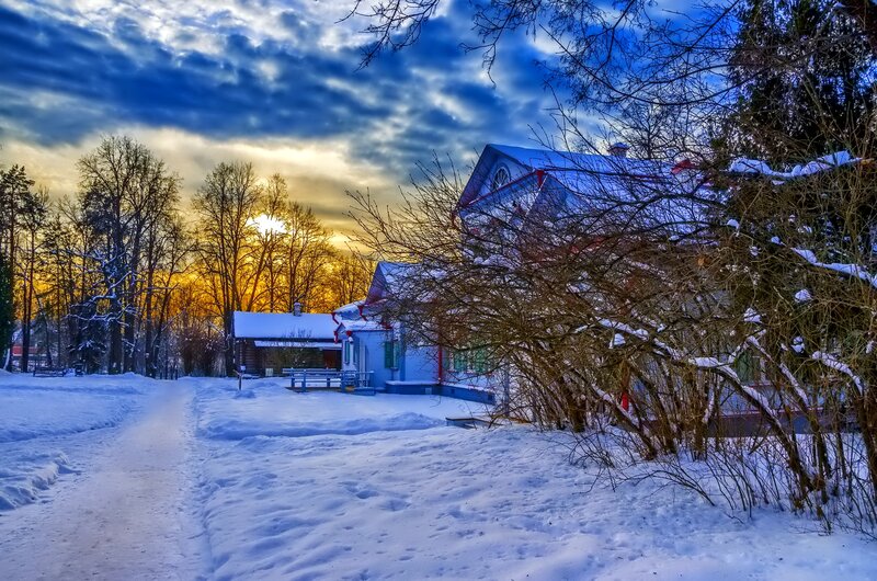 Snow-covered House at Sunset — Blue