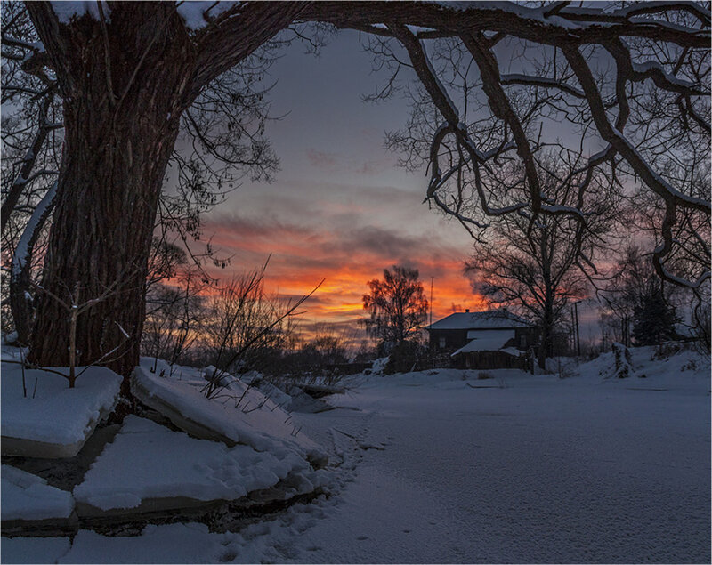 Snow-covered House at Sunset — Orange, Serene