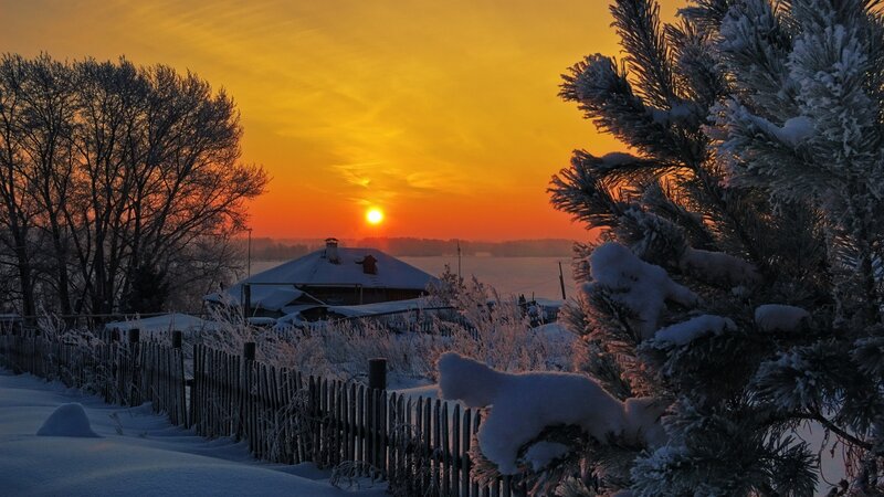 Snow-covered House at Sunset — Orange