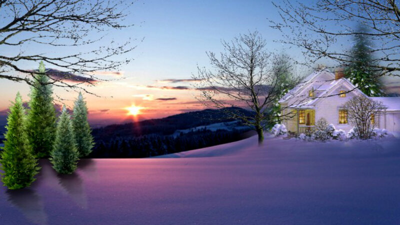 Snow-covered House at Sunset — Purple, Serene