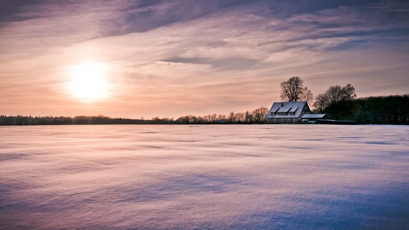 Snow-covered House at Sunset — Purple