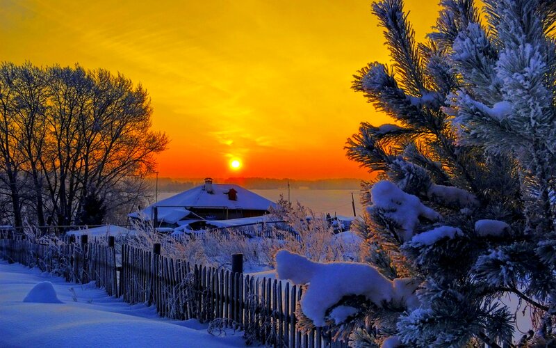Snow-covered House at Sunset — Yellow