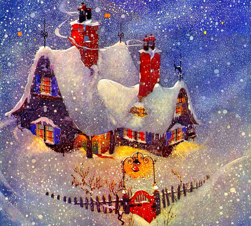 Snow-covered House — Blue, Cozy, Night, Illustration