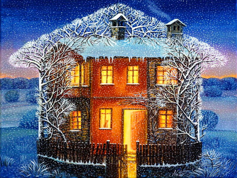 Snow-covered House — Blue, Cozy, Night