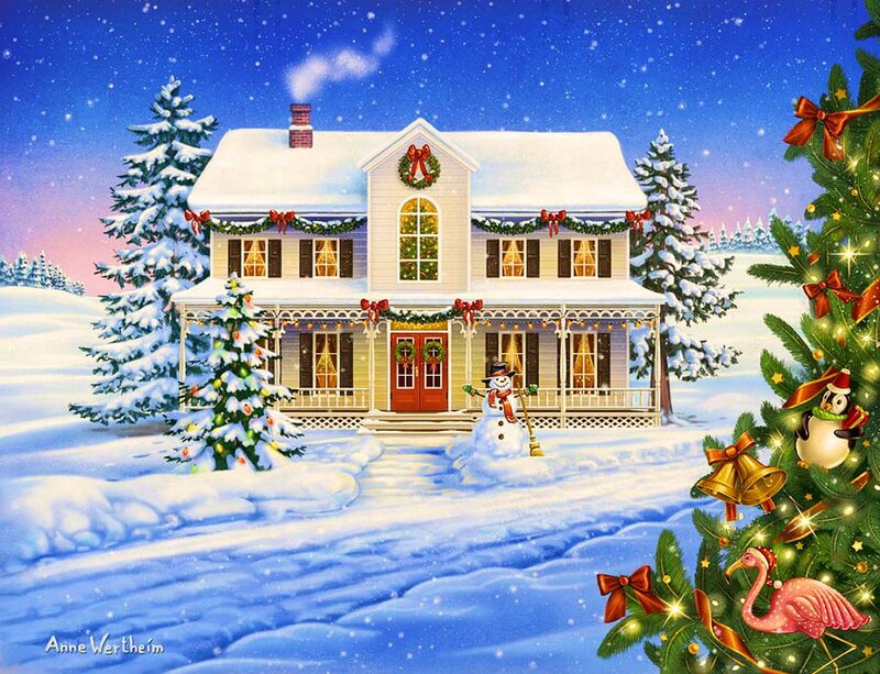 Snow-covered House — Blue, Festive