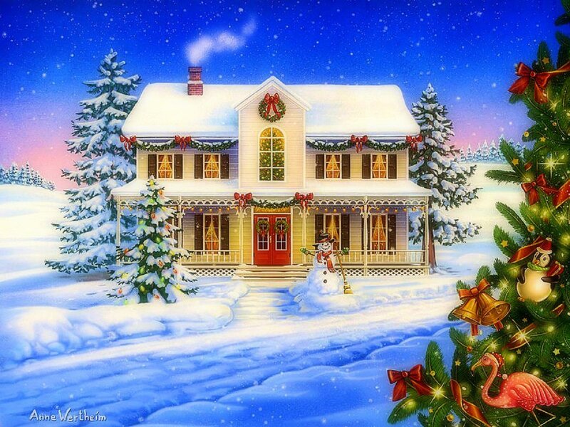 Snow-covered House — Blue, Festive, Winter