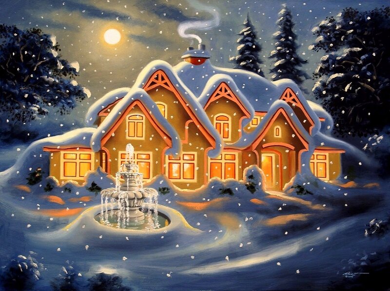 Snow-covered House — Blue, Peaceful, Night, Painting, Fountain
