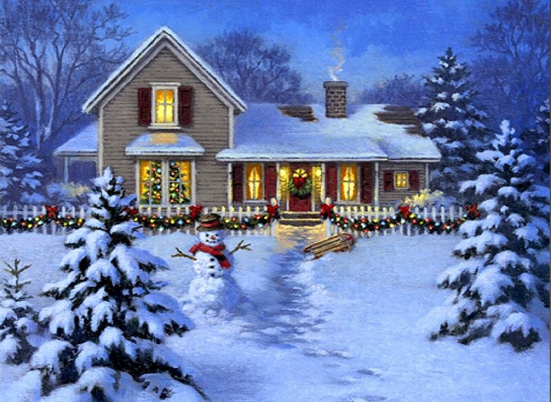 Snow-covered House — Blue, Peaceful, Night, Painting