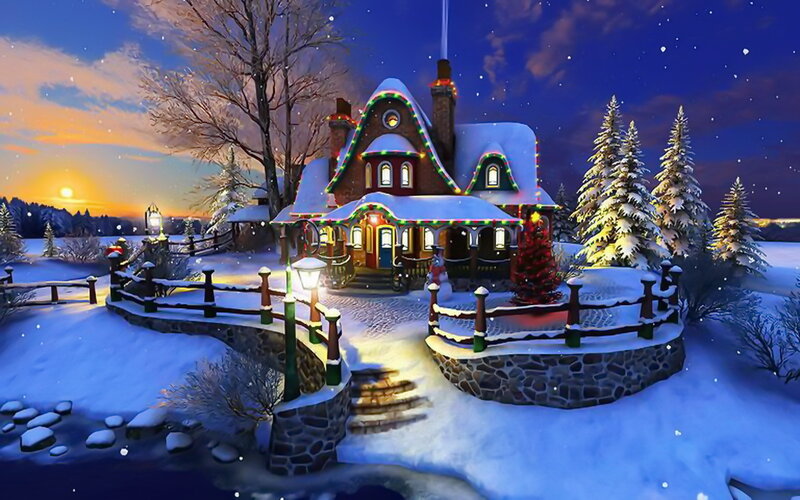 Snow-covered House — Blue, Peaceful, Night