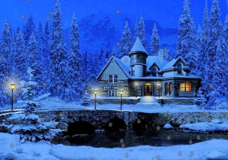 Snow-covered House — Blue, Serene, Night