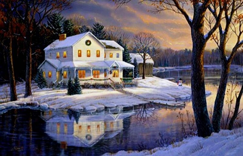 Snow-covered House by Lake — White
