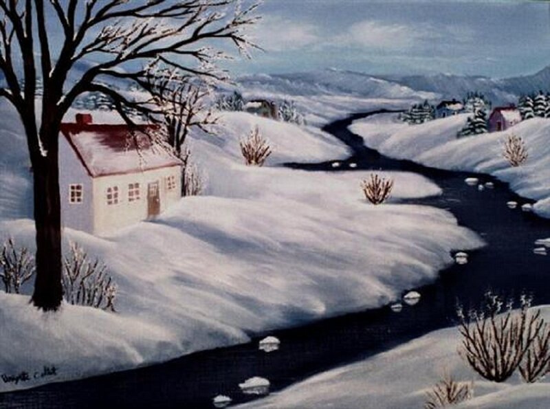Snow-covered House by River
