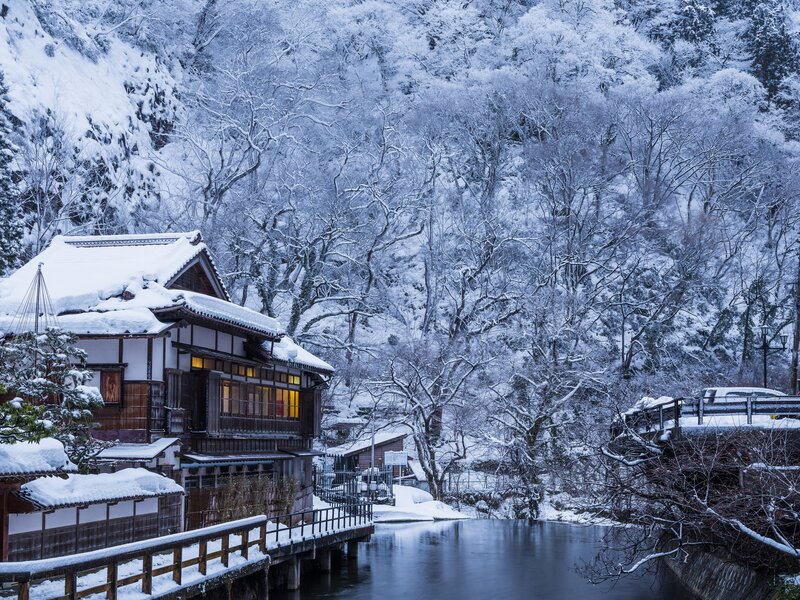 Snow-covered House by River — White, Serene