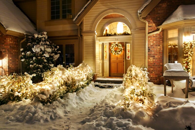 Snow-covered House Entrance — White, Cozy, Night, Photograph