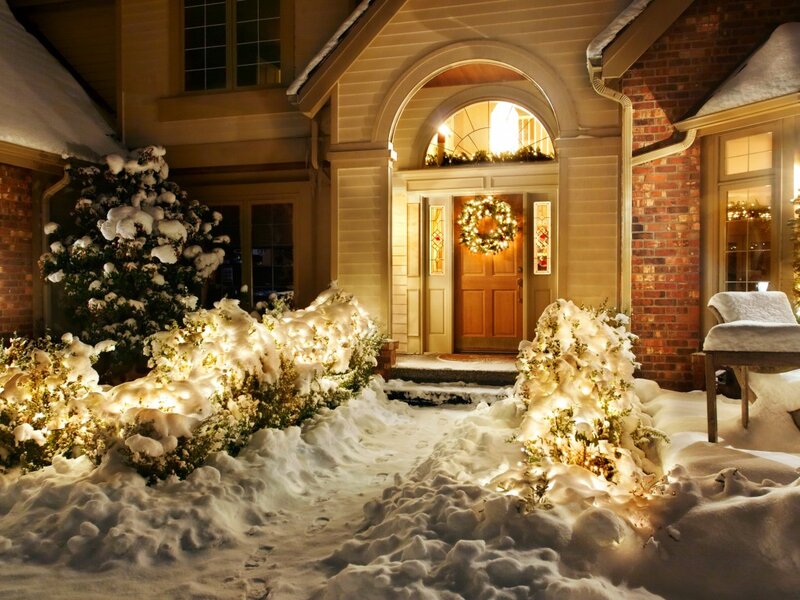 Snow-covered House Entrance — White, Cozy, Night