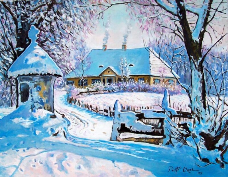 Snow-covered House in Winter — Blue, Serene