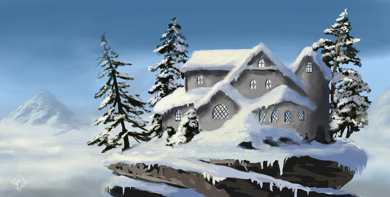 Snow-covered House on Cliff