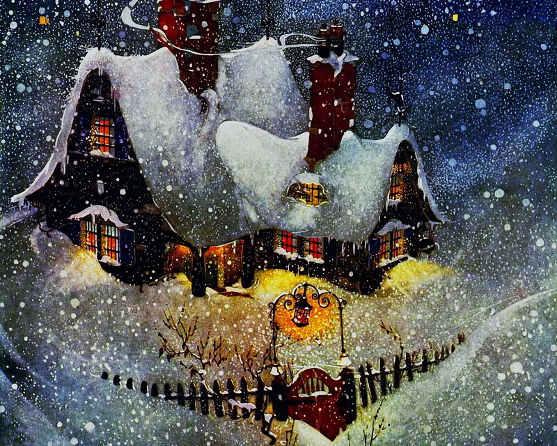 Snow-covered House — White, Cozy, Night, Illustration