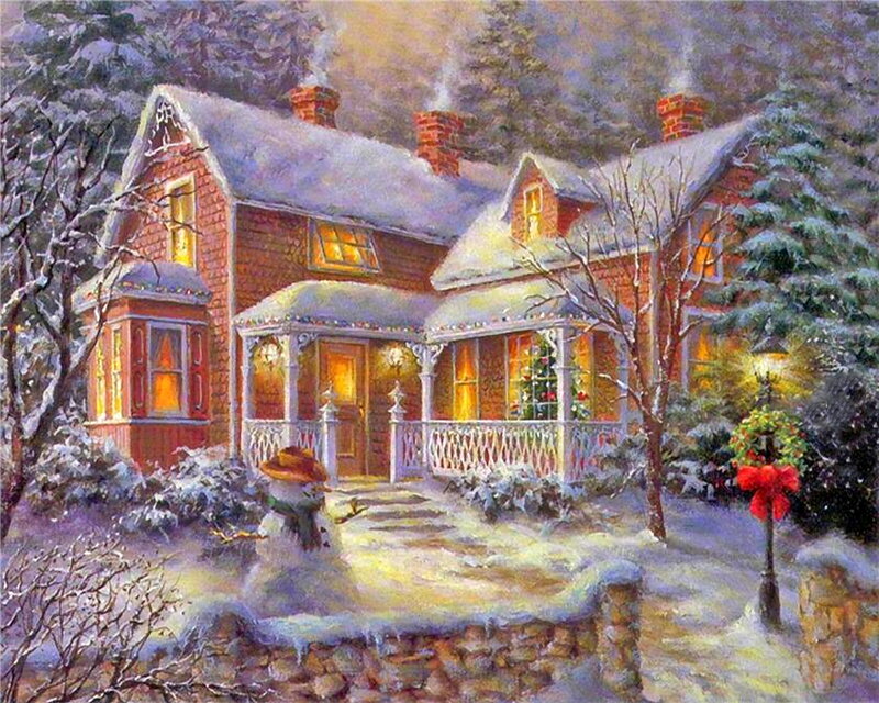 Snow-covered House — White, Cozy, Winter, Painting, Snowman, Christmas Tree