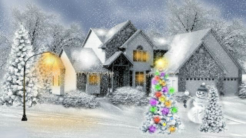 Snow-covered House — White, Festive, Winter, Digital Art, Christmas Tree