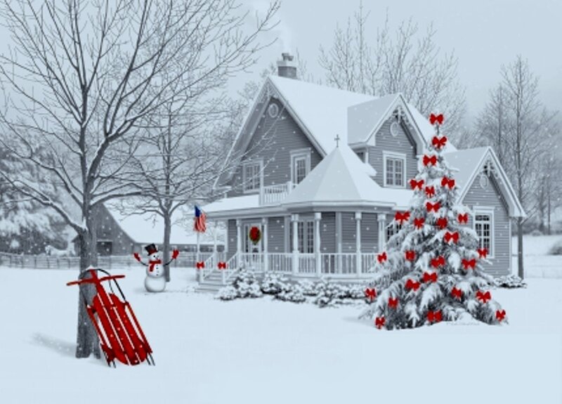 Snow-covered House — White, Festive, Winter, Digital Art