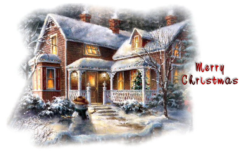 Snow-covered House — White, Festive, Winter, Painting, Snowman, Christmas Tree