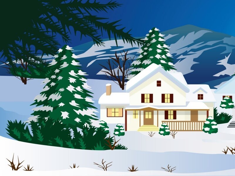 Snow-covered House — White, Peaceful, Winter, Illustration, Pine Trees